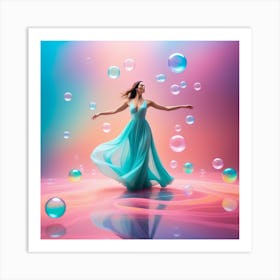 Beautiful Girl In Blue Dress With Bubbles Art Print