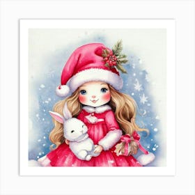 Firefly Christmas, Bunnies, Santa, Hat, Pastel, Watercolor, Pink, Dresses, Cute, Festive, Holiday, W (3) Art Print