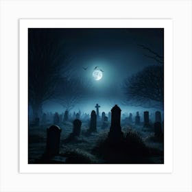 Full Moon Casting An Eerie Glow Over A Cemetery Gravestones Crooked With Names Worn By Time Mist C (3) Art Print