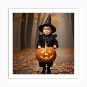 Little Witch In A Pumpkin Costume Art Print