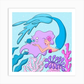 Playful and beautiful swimming mermaid in pink, purple, and blue Art Print