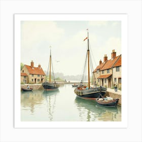 Watercolor Portrayal Of An English Fishing Village With Boats And Fishermen 1 Art Print