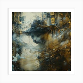 Cat In The Rain Art Print