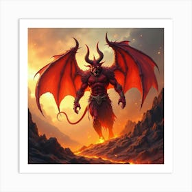 Demon In Fiery Volcanic Realm, Watercolor, Intense And Colorful 1 Art Print