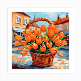 Orange Tulips In A Basket Art Print