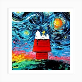 Snoopy And Woodstock House Van Gogh Starry Night Art Print