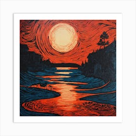 Sunrise Over The River Linocut Illustration Art Print