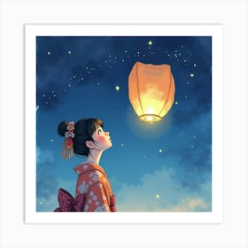 A Japanese Woman Gazing At A Paper Lantern As It Floats Into The Sky At Night, Watercolor Painting Art Print