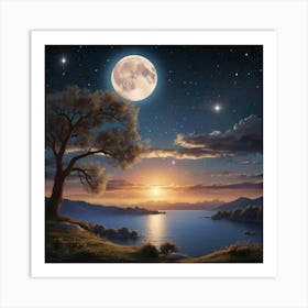 Full Moon Over Lake Art Print