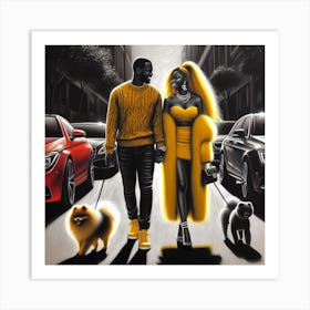 Couple Walking Dogs Art Print