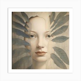 Untitled By F Parrish | surrealism | digital art | vintage look | muted colours | nature | female face | figurative | botanical | square | collage | nature Art Print