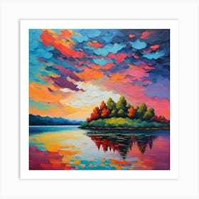 Sunset On The Lake , Celestial Canvas: Autumn Island Amidst Reflective Lake Waters wall art Art Print