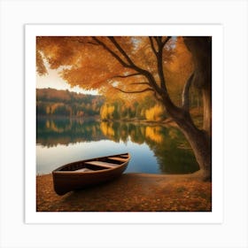 Autumn Boat On The Lake Art Print