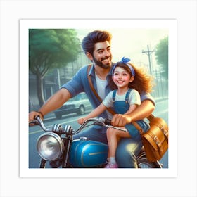 Father And Daughter On A Motorcycle Art Print