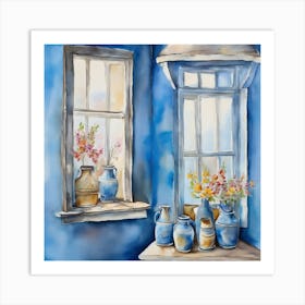 Blue wall. Open window. From inside an old-style room. Silver in the middle. There are several small pottery jars next to the window. There are flowers in the jars Spring oil colors. Wall painting.45 Art Print