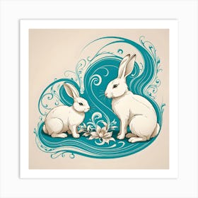 Two White Rabbits on Turquoise and Beige Background Art Print