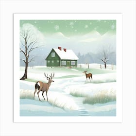 Winter Scene With Deer And House Art Print