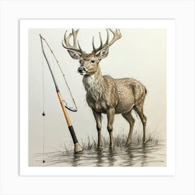 Deer With Fishing Rod Art Print