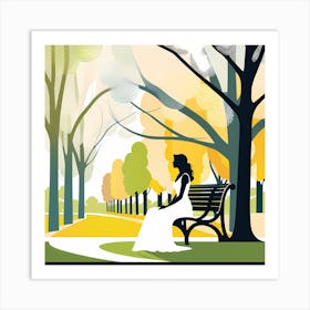 Woman Sitting On Bench In Park Vector art Art Print