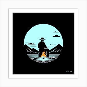 Solo Cowboy Camp Fire At Night - Minimal Illustration Art Print