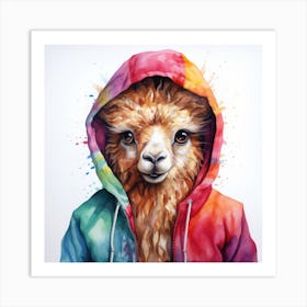 Watercolour Cartoon Llama In A Hoodie 1 Art Print