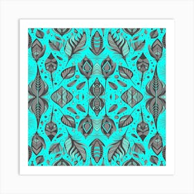 Neon Vibe Abstract Peacock Feathers Black And Turquoise Art Print