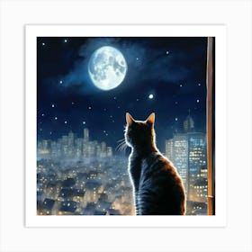 Cat Looking At The Moon Art Print