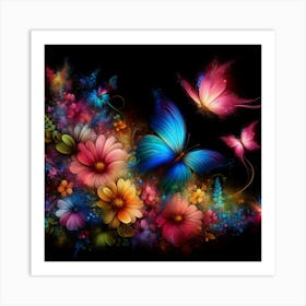 Butterflies and flowers black background Art Print