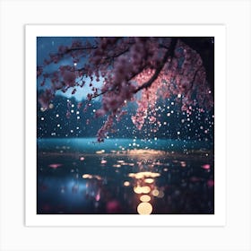 Lakeside Cherry Blossom Tree lit by Moonlight Art Print
