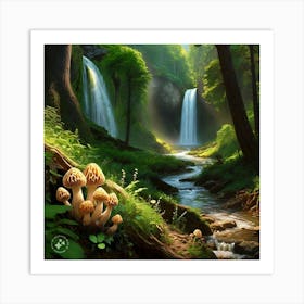 Waterfall And Mushrooms Art Print