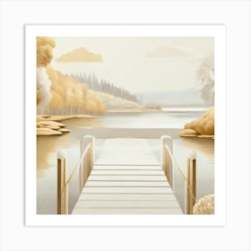 Dock By A Lake gold and beige Art Print