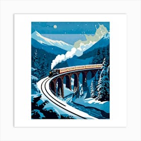 Vintage Travel Poster Cutout Steam Train Crossing A Curved Viaduct Over A Twilight Lit Valley Flan Art Print