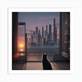 Cat Looking At The Future City Art Print