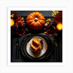 Autumnal Table Setting Cradling A Half Carved Roasted Pumpkin Candlelight Flickering Within Casting (6) Art Print