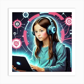Girl With Headphones Using A Laptop Art Print