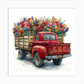 Red Truck With Flowers Art Print