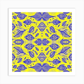 Neon Vibe Abstract Peacock Feathers Yellow And Blue Art Print