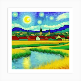 Echoes of Simplicity: A Charming Village Starry Night Art Print