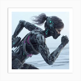 Robot Girl Running In Snow Art Print