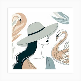 The Woman In The Hat And The Swans - Pastell Color Minimal Illustration Art Print