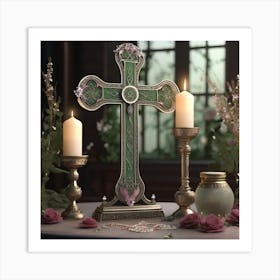 Cross With Candles And Flowers 1 Art Print