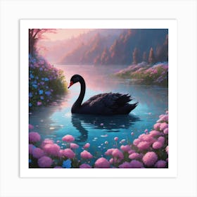 Black Swan in a forest lake with pink flowers at sunset Art Print