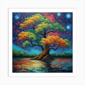 Mystical Serenity: Celestial Tree Artwork Capturing the Dance of Light and Season Art Print