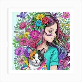 Girl and cat lucky charm 2 Art Print