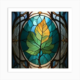 A Close Up Of A Stained Glass Window Featuring A Single, Intricately Detailed Leaf In Shades Of Yellow And Green Against A Blue Background Art Print