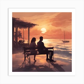 Sunset Couple Sitting On Bench Art Print