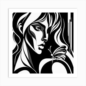 Stunning Black & White Abstract Portrait with Butterfly on Shoulder Art Print
