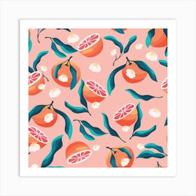 Orange Pattern On Pink With Florals Square Art Print