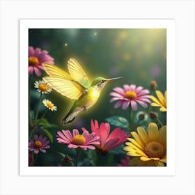 A Glowing Hummingbird With Wings Of Daisies Fluttering Through A Magical Garden Of Oversized Flowers 1 Art Print