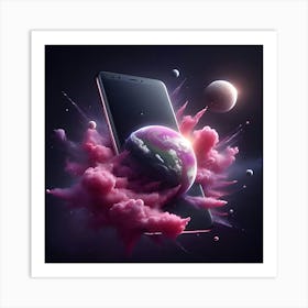 A Photo Realistic Mobile Phone As A Planet In Space With Pink Smoke And Explosions, With 2 Moons In The Background, Digital Art Art Print